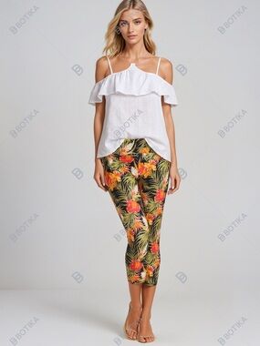 Tropical Floral Crop Pants in Black with Orange & Green
